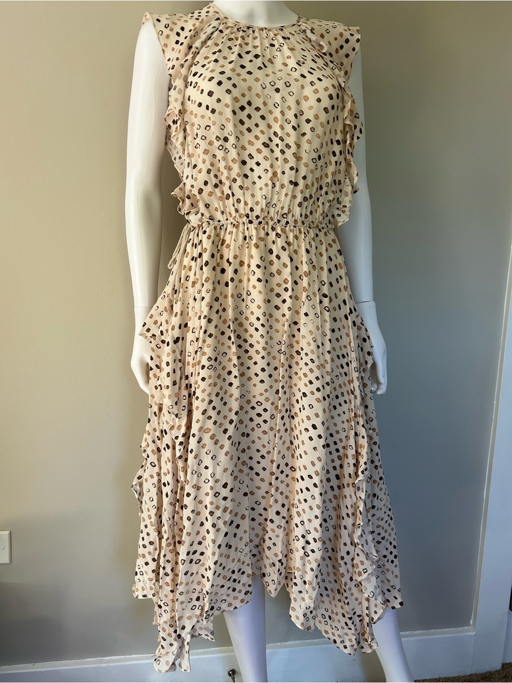 UllaJohnsonSilk Ruffle Midi Dress Size 2 Cream Beige AnimalPrint AsymmetricalHem